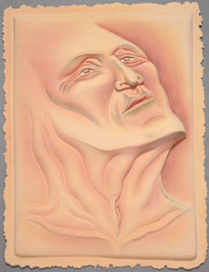 Painting of an orange, upturned face with a wrinkled neck