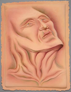 Painting of an orange, upturned face with a wrinkled neck with a red gash on it