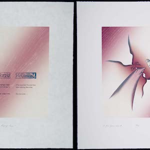 Two prints side by side where the one on the left has black type over a pink and white gradient and the one on the right has two people kissing with one person's hand on the other's face