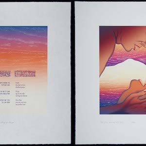 Two prints side by side where the one on the left has red text over a purple, orange, and yellow gradient and the one on the right has a person looking down at another person with their hand on their face