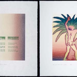 Two prints side by side where the one on the left has green text over a brown and yellow gradient and the one on the right has a nude person embracing an anthropomorphic palm tree