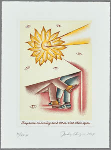 Print of two pairs of legs touching under a table as a sun shines above