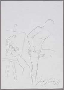 Black-and-white drawing of a hand drawing a nude male figure with an erect penis on an easel alongside a nude male figure with an erect penis