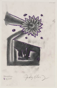 Black, white, and purple drawing of a sun over two shadowy pairs of legs touching under a table