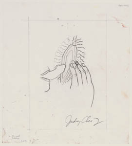 Black-and-white drawing of a hand and a penis-shaped tongue reaching toward a vulva ringed with radiating lines