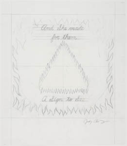 Black-and-white drawing of a flaming triangle with handwritten text above and below, framed in a flaming square