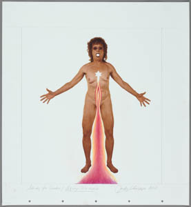 Print and drawing of Judy Chicago standing nude with a Star of David on her chest connected to a channel that runs down to her vulva