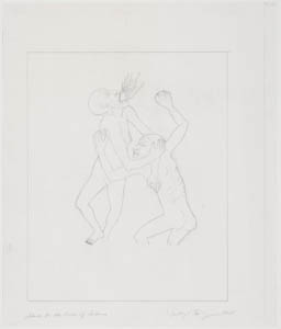 Black-and-white drawing of two nude figures embracing or struggling as one is spewing liquid from their mouth