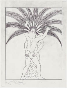 Black-and-white drawing of a nude, bald figure embracing a palm tree with a human head and torso