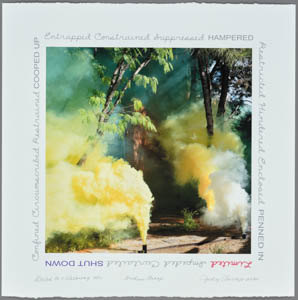 Print of yellow and white smoke rising around trees in a garden, ringed with handwritten text