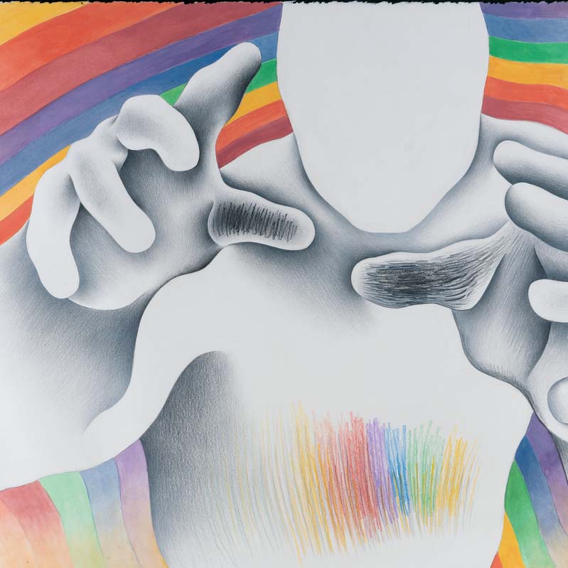 Drawing in black and rainbow colors of a faceless man reaching toward the viewer surrounded by rainbow stripes
