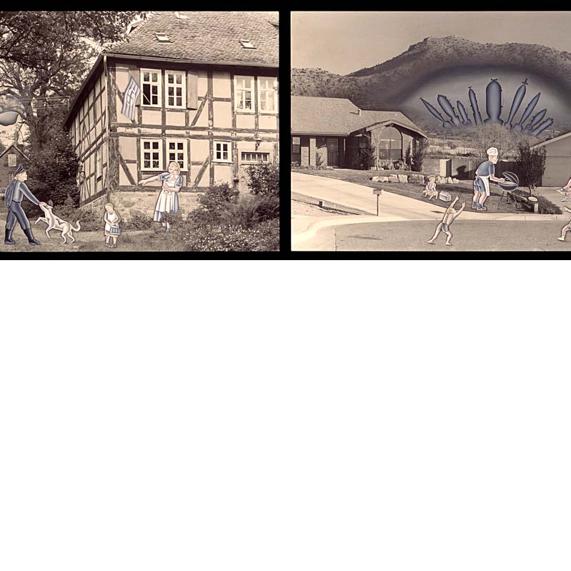 Painted photographic diptych of a German Nazi family at home and an American family at home with bombs in the background