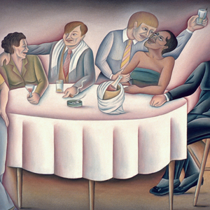 Detail of a painting with six women, some wearing men's clothing, sitting or standing around a table