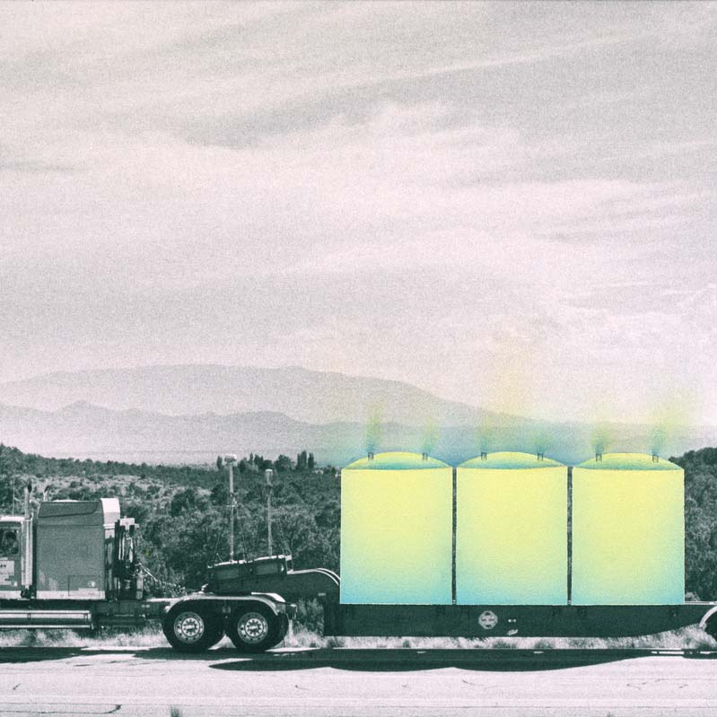 Painted photograph of three glowing green boxes on a semi trailer truck
