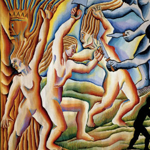Detail of a textile work with three pale-skinned nude women fighting blue-skinned figures holding knives