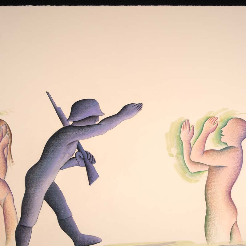 Drawing of a purple soldier raising his arm to a nude man with his arms raised as a nude woman cowers in the background