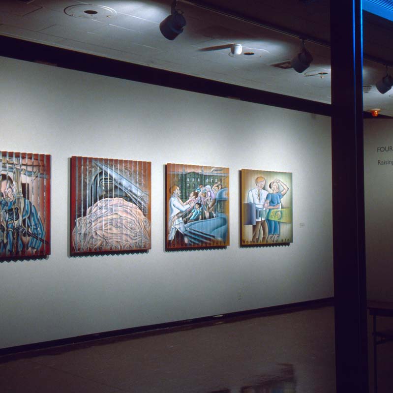 Color photograph of four paintings installed on a white wall in a gallery