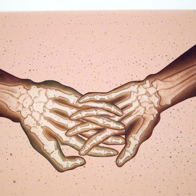 Painting in brown, pink, and white of two hands with exposed bones holding hands