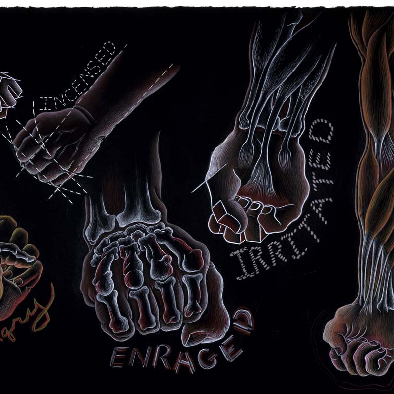 Drawing in white, orange, and red on black of five fists with exposed bones or musculature in various positions, each paired with a word