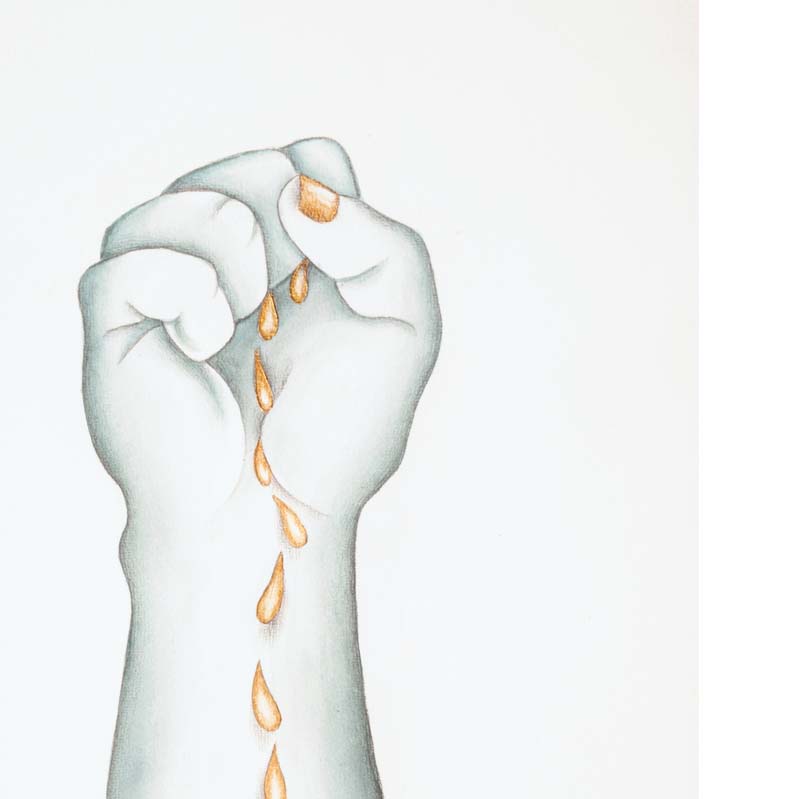 Drawing of a raised white fist with gold tears dripping down it