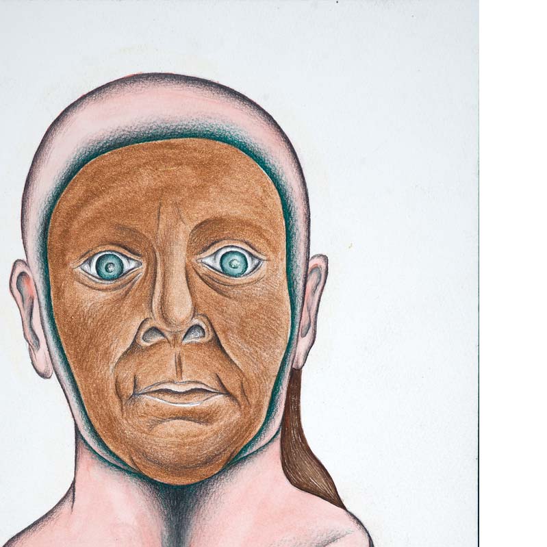 Drawing in shades of pink, black, brown, and turquoise of a bald head wearing a gold mask with staring blue eyes