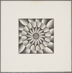 A square black-and-white print on a larger square paper which depicts a circular radial design