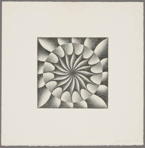 A square black-and-white print in the center of a square paper which depicts a circular radial design