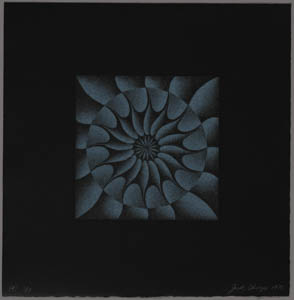 A square white print in the center of a square black paper which depicts a circular radial design
