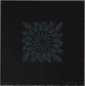 A square white print in the center of a square black paper which depicts a circular radial design