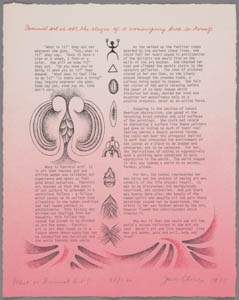 Print with two columns of handwritten text illustrated with a vulva-like drawing and drawings that resemble petroglyphs