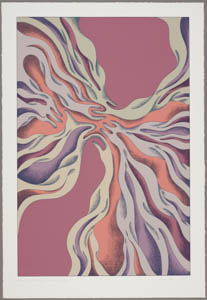 Print with two wavy, pink and orange swirls meeting in the middle