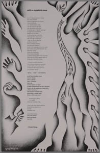Black-and-white print with a column of text flanked by illustrations of outstretched hands and snake-like motifs