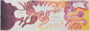Print with undulating lines and spirals in orange and pink interspersed with black text