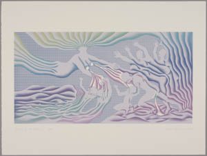 Print in shades of blue and pink of a floating figure with streams coming from her breasts reaching toward a group of figures on the right