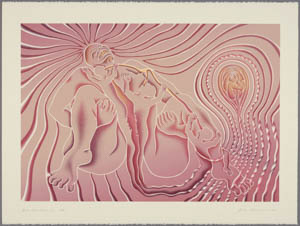 Print in pink of a woman giving birth and a fetus in a womb amid radiating lines