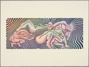 Multicolored print of two people helping a woman give birth amid radiating lines