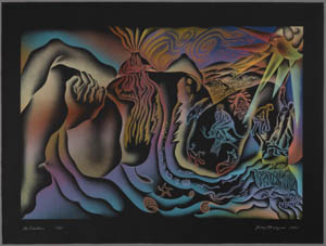 Multicolored print of a woman giving birth and also forming a landscape populated by small animals and figures