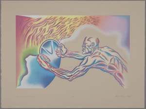 Multicolored print of a muscled shirtless man gripping a steering wheel with flames emanating from it