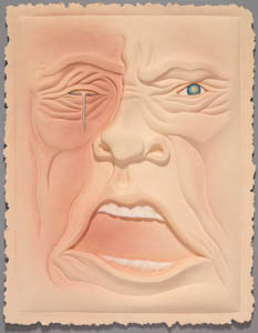 Painting of a wrinkled, beige face with an open mouth and a tear falling from one eye