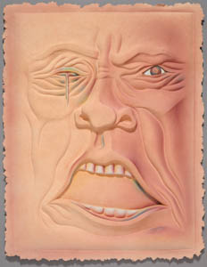 Painting of a wrinkled orange face with an open mouth and a tear falling from one eye