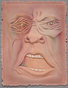 Painting of a wrinkled, dark pink face with an open mouth and a tear falling from one eye