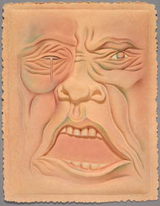 Painting of a wrinkled, orange face with an open mouth and a tear falling from one eye