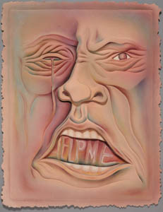 Painting of a wrinkled, pink and blue face with an open mouth with lettering in it and a tear falling from one eye