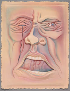 Painting of a wrinkled, pink and blue face with an open mouth with lettering in it and a tear falling from one eye
