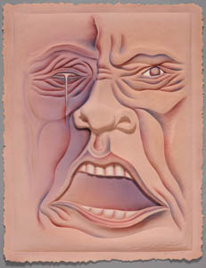 Painting of a wrinkled, pink face with an open mouth and a tear falling from one eye