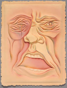 Painting of a wrinkled, orange face with an open mouth and a tear falling from one eye