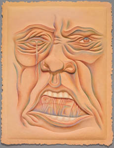 Painting of a wrinkled, orange face with an open mouth with lettering in it and a tear falling from one eye