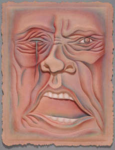 Painting of a wrinkled, brown face with an open mouth and a tear falling from one eye
