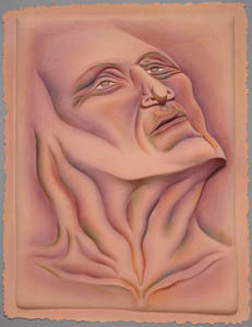 Painting of a dark pink, upturned face with a wrinkled neck