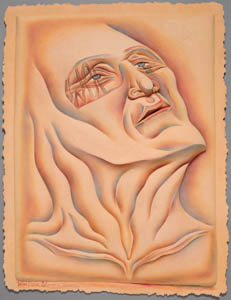 Painting of a beige, upturned face with writing across the eyes and a wrinkled neck